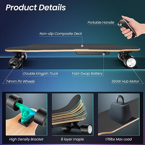 Caroma Electric Skateboards with Remote, 350W Powerful Brushless Motor, 12.4MPH Top Speed, 13 Miles Max Range, Various Speeds Adjustable, Electric Longboard for Adults & Teens, Suitable for Beginners