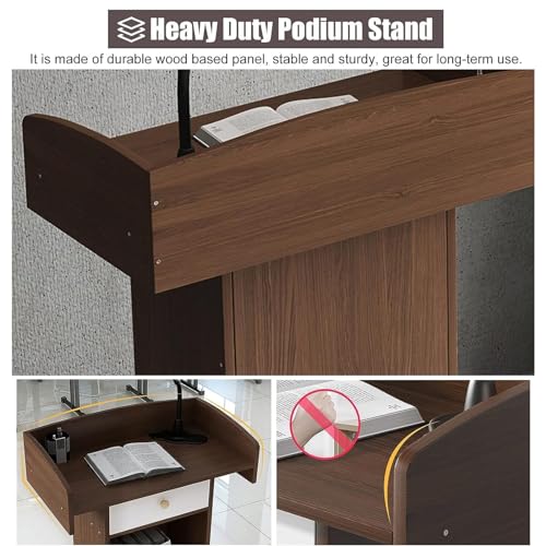 Lectern Podium Stand, Floor Standing Podiums Reception Desk with Drawer Wooden Speaking Podium for School/Restaurants/Classroom Hotel Meeting Rooms (Brown)