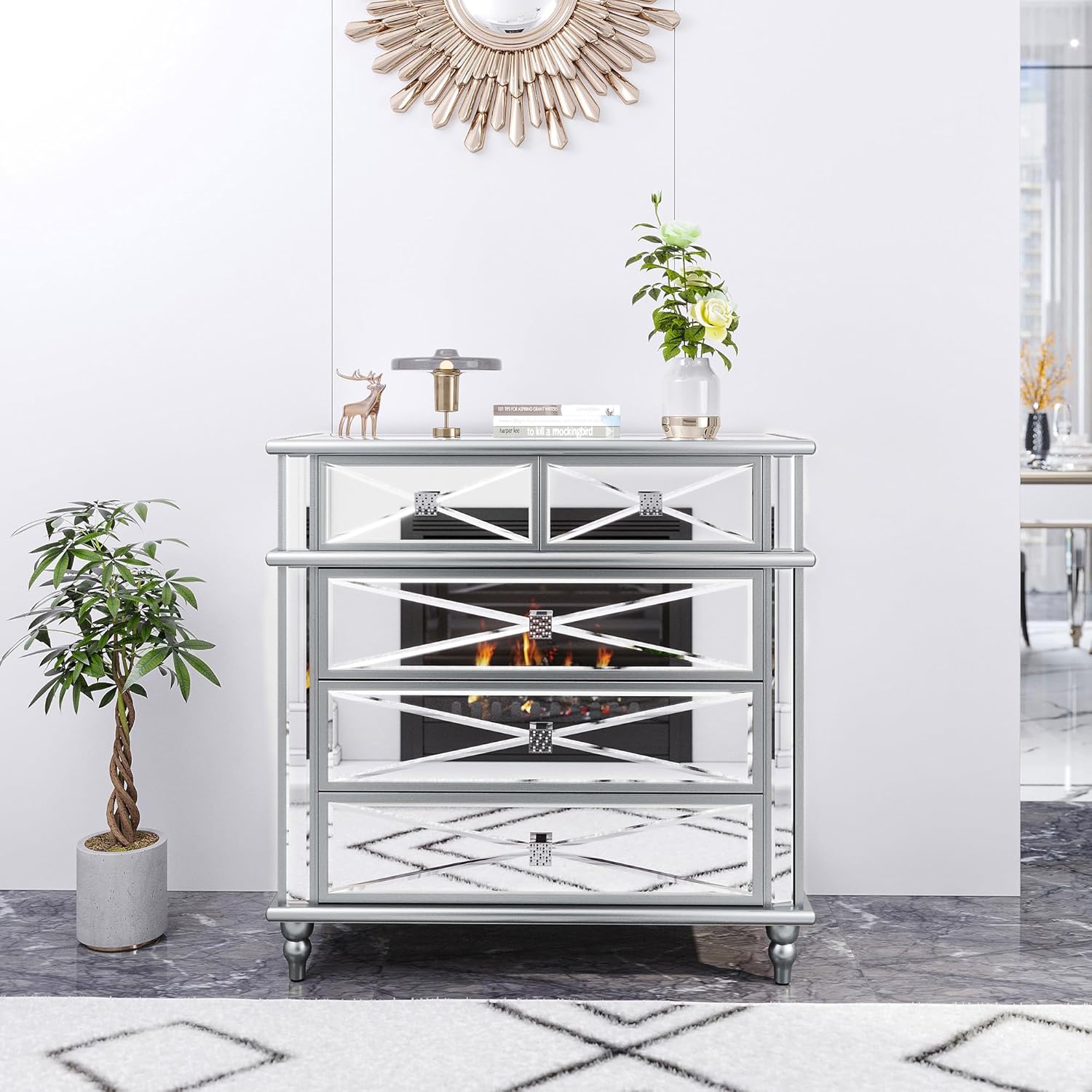 DWVO Silver Mirrored 5 Drawer Dressers for Bedroom, 35" Accent Chest with Drawers, with 5 Storage Drawers and Wood Legs, Fully Assembled Mirrored Nightstand for Bedroom, Living Room