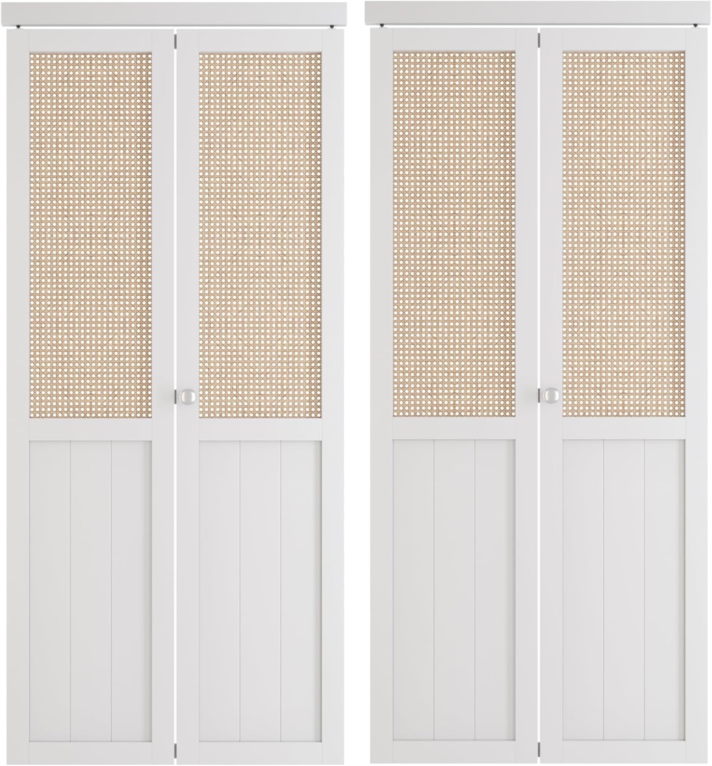 BARNER HOME Cane Bi-fold Doors - for 72"x 80" (Double 36" x 80" Doors) Opening, Webbing & Wood Interior Door Slab, Including Hardware, MDF, White Folding Door for Wardrobe