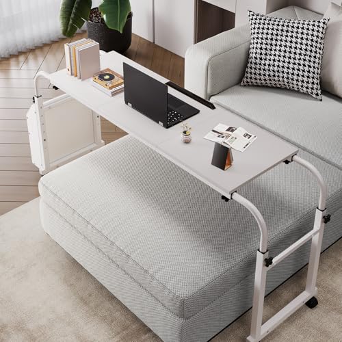 Arlopu Overbed Table with Wheels,60.6-84.2 inches Mobile Bed Desk,Rolling Computer Desk, Laptop Cart,W/0-65°Tilt Stand,4 Heights and 6 Lengths,Side Storage Basket,for Home,Office and Hospital (Brown)