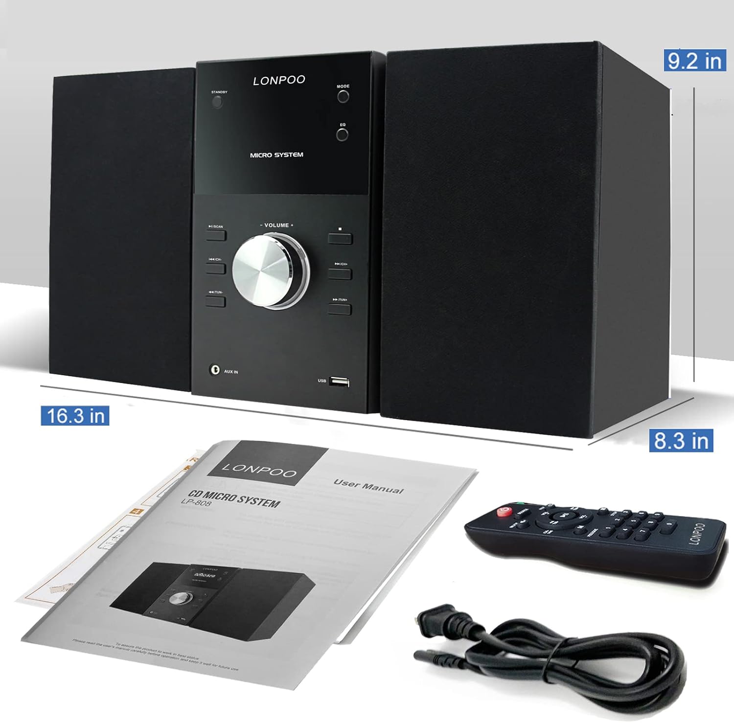 Home Stereo System with CD Player - Micro Shelf System with Bluetooth, FM Radio | USB Port | AUX-in | Earphones Output | Remote Control | DSP Technology | LED Display| Home Stereo Audio (LP-808)
