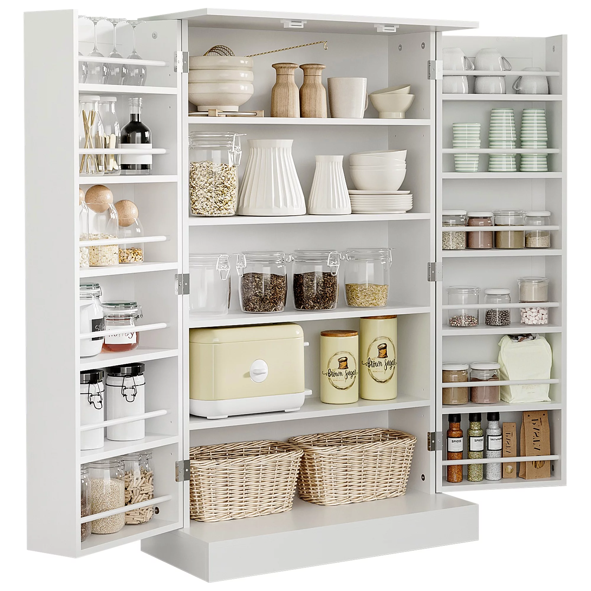 HOMCOM 41" Farmhouse Kitchen Pantry, Freestanding 2 Door Storage Cabinet with Adjustable Shelves for Living Room and Dinning Room,White