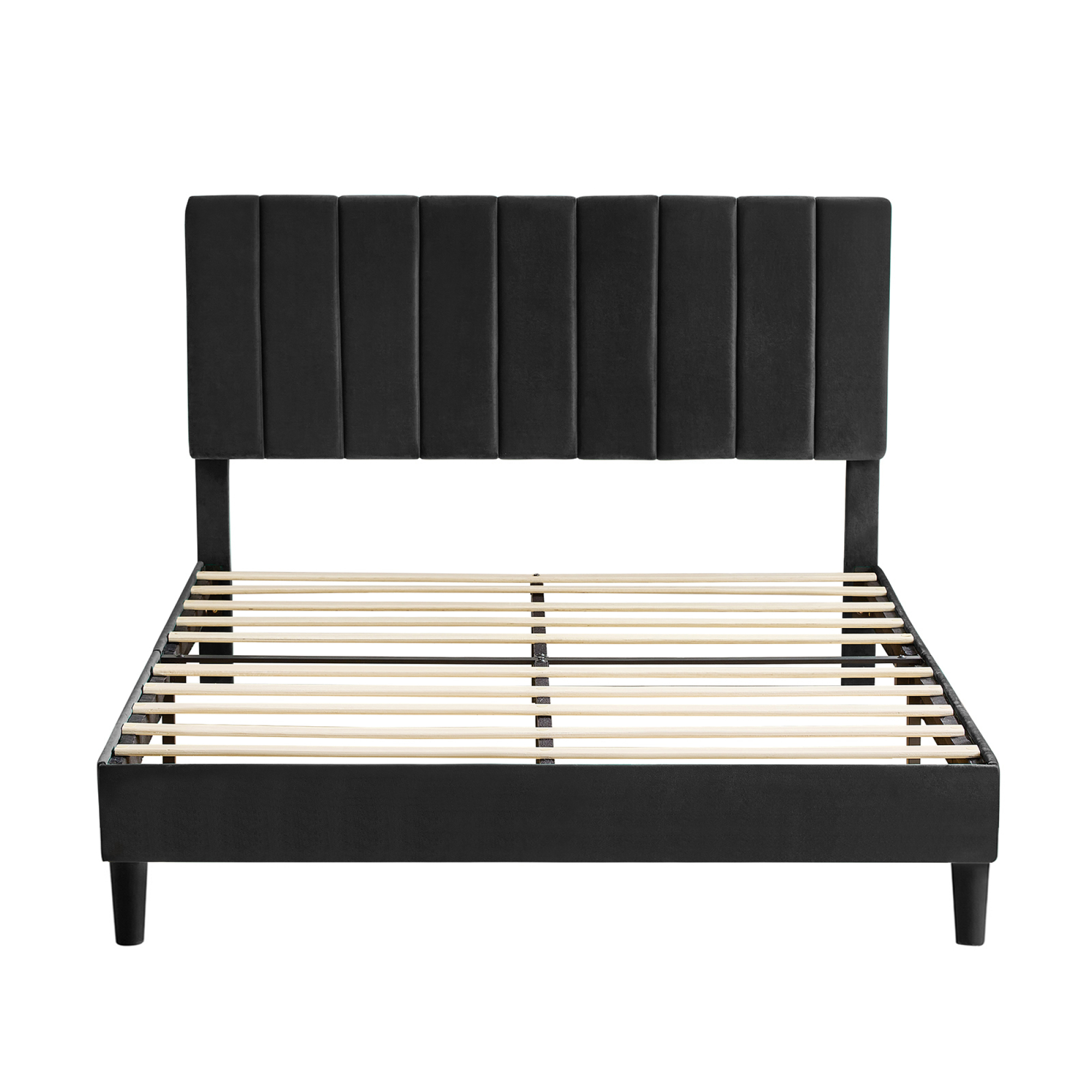 Queen Size Black Platform Bed with Upholstered Headboard, Heavy Duty Mattress Foundation, Easy Assembly
