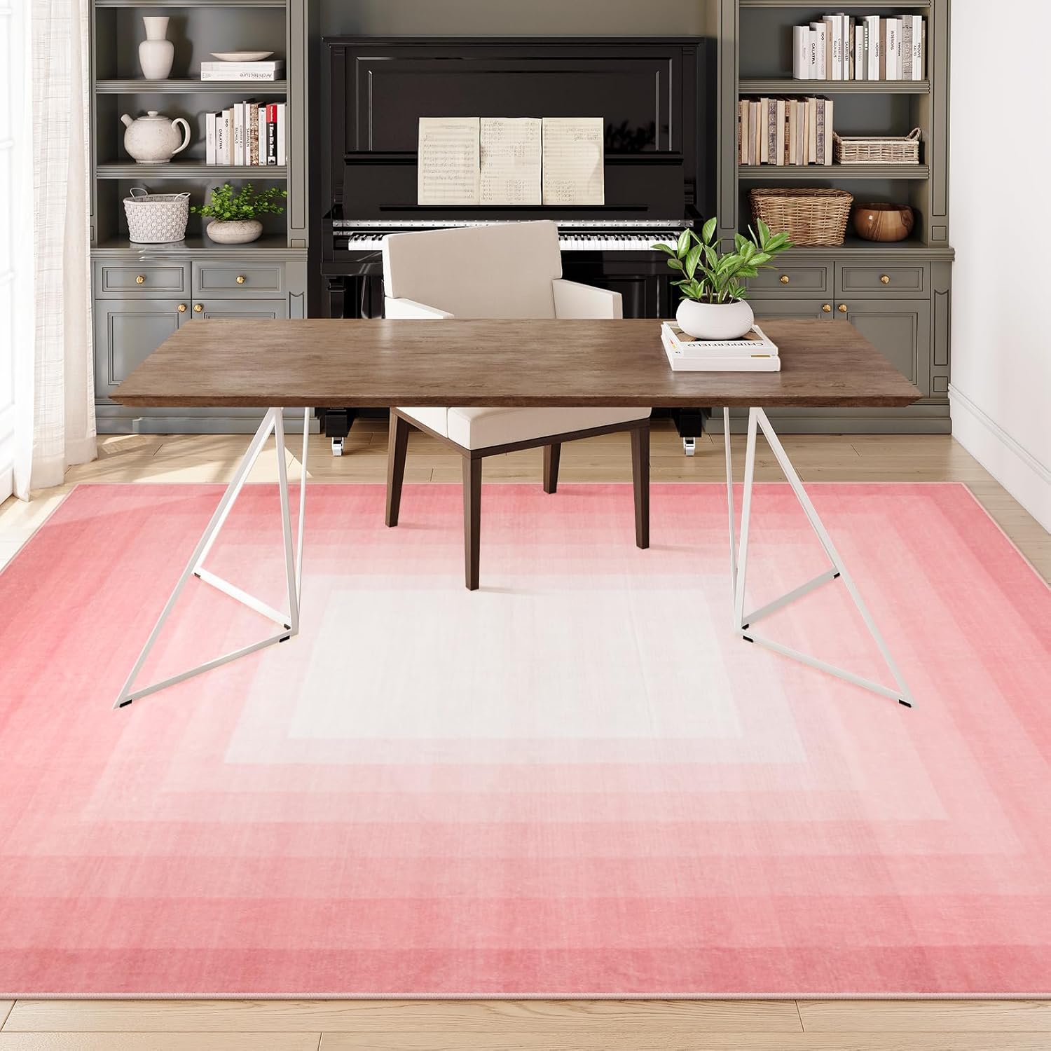 OJIA Pink Washable Rugs 8x10 Large Area Rugs for Living Room, Soft Non Slip Contemporary Neutral Rugs for Bedroom Girls, Modern Non-Shedding Thin Carpet for Under Dining Table Nursery Home Office