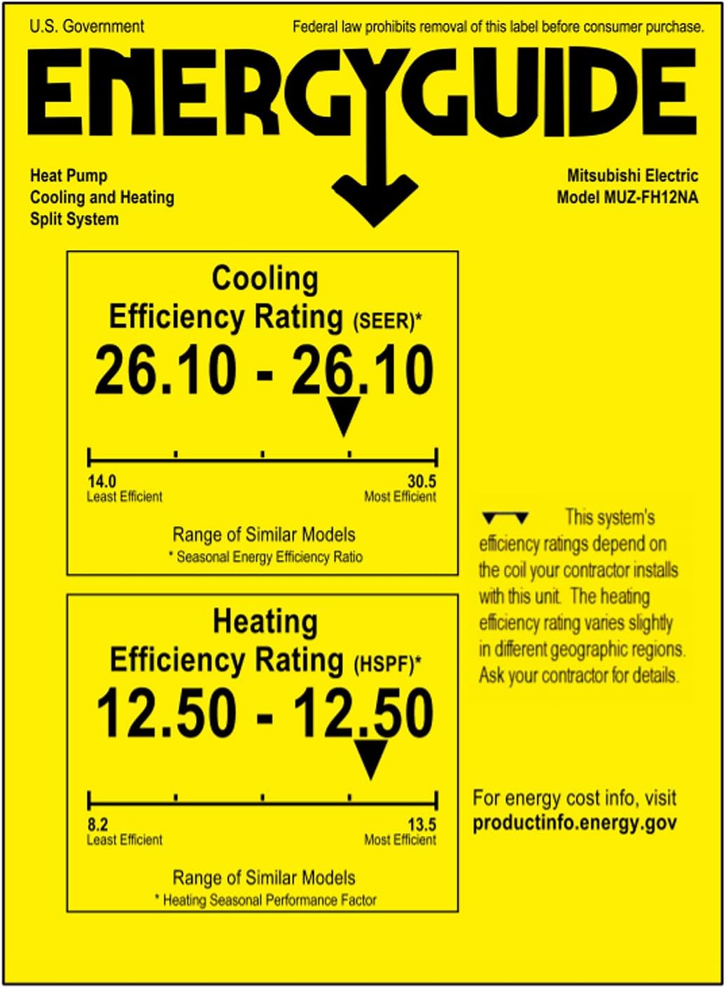 Mitsubishi 12,000 BTU Ductless Split System AC SEER 26.1 Cool & Hyper Heat Most Energy Efficient System