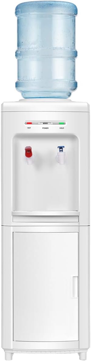 COSTWAY Water Cooler Dispenser for 3-5 Gallon Bottle, Top Loading Hot and Cold Water Dispenser with Storage Cabinet, Child Lock, Water Cooler with Compression Refrigeration Technology, White