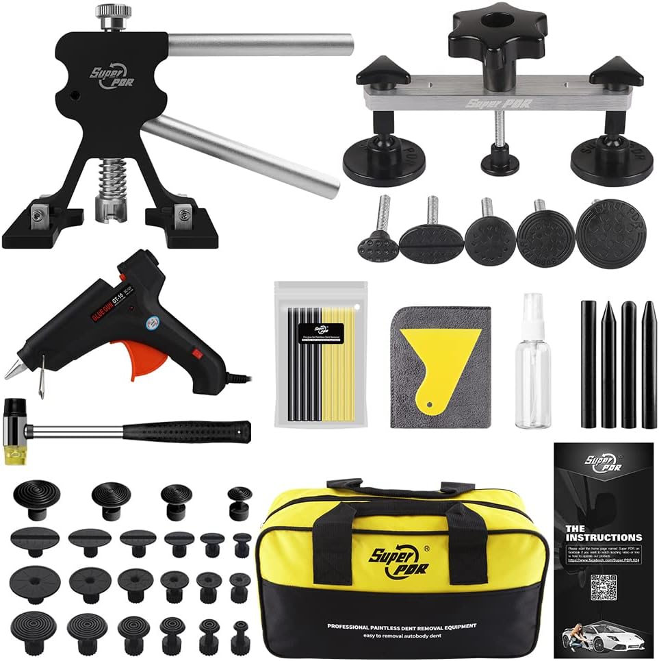 Super PDR Paintless Dent Repair Kit, Black Dent Remover Tool Auto Body Dent Removal Kit with Double Pole Bridge Dent Puller for Auto Body Tools Pack of 2