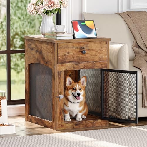 HOOBRO Dog Crate Furniture, Dog Kennel with Drawer and Charging Station, Indoor Decorative Puppy House, Wooden Pet Crate End Table for Small Dogs, Rustic Brown and Black BF58UGW03G1
