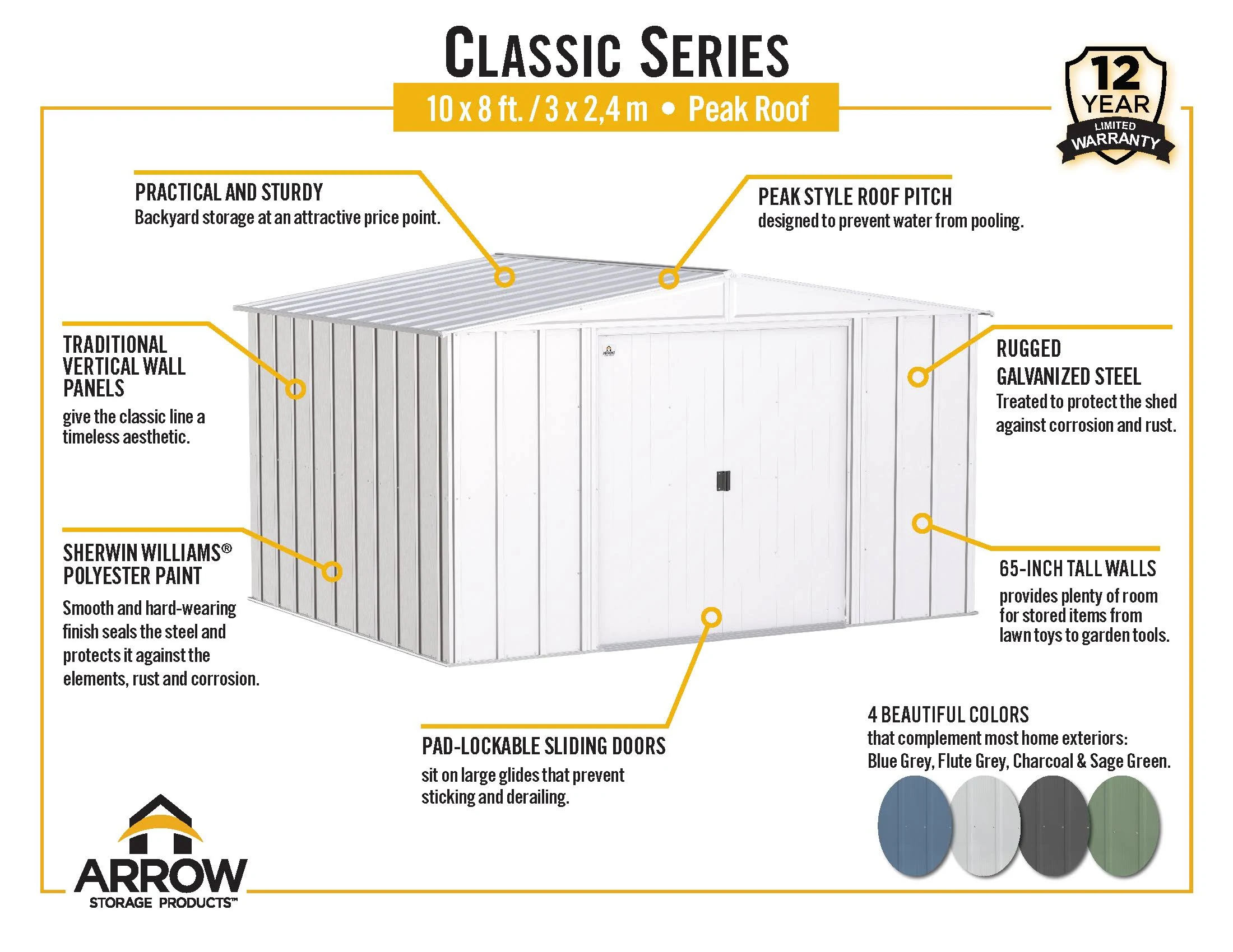 Arrow Classic 10 ft. x 8 ft. Steel Storage Shed in Charcoal