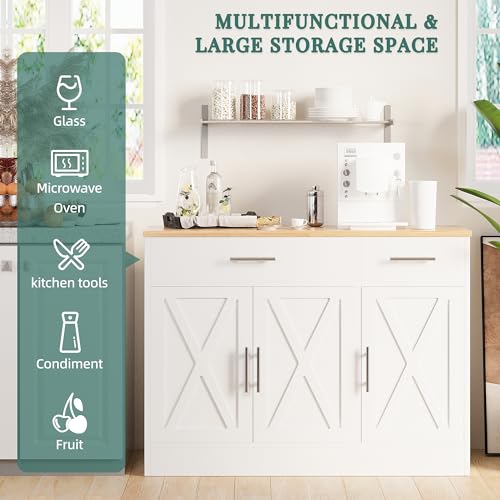 Shintenchi Modern Farmhouse Sideboard Buffet Cabinet with Storage with 3 Doors,42" Barn Doors Buffet Cabinet with Storage, Wood Coffee Bar Cabinet with Adjustable Shelf for Kitchen Living Room,White