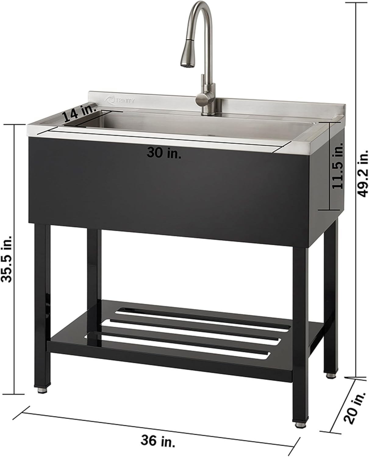 TRINITY THAPBK-0323 Stainless Steel Freestanding Single Bowl Utility Sink for Garage, Laundry Room, and Commercial Use, Includes Pull-Out Faucet, NSF Certified, 36" x 20" x 49", Black