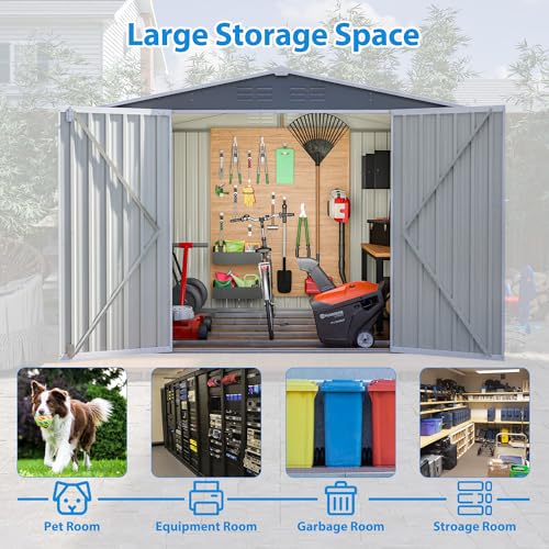 10 x 8 FT Outdoor Storage Shed, Metal Garden Shed with Floor Frame, Large Tool Shed Outdoor Storage with Lockable Sliding Doors & Air Vents, Storage House Waterproof for Backyard, Lawn, Gray