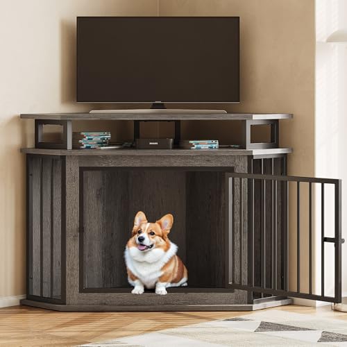 IRONCK 51" Corner Wooden Dog Crate Furniture with 2-Tier Shelves, Pet Kennel for Large Dogs, Space-Saving Dog Cage Indoor, Rustic Brown (26.7" L x 51.2" W x 33.5" H)