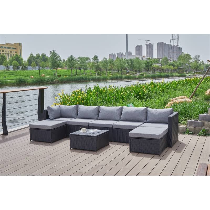 Kingway Furniture Beaufort Grey Wicker/Rattan Sectional with Storage Ottoman - W5008