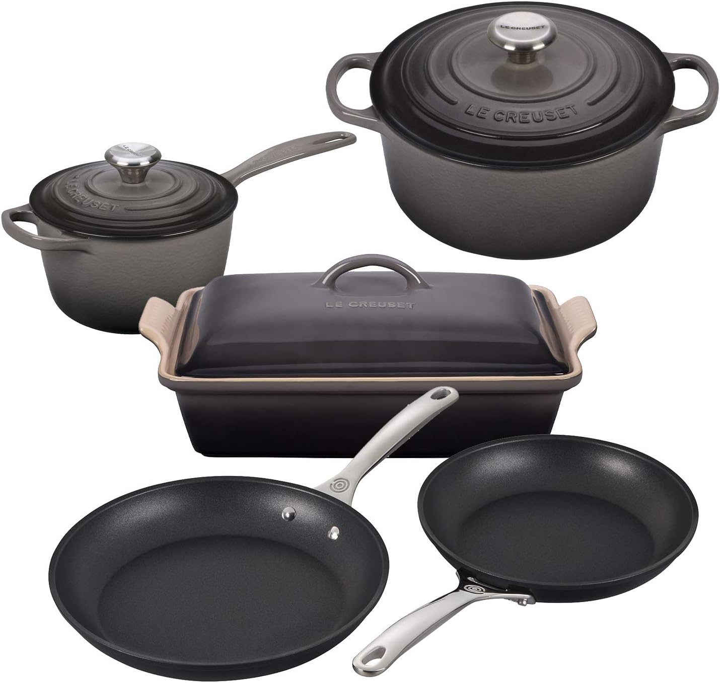 Le Creuset 8 Piece Multi-Purpose Enameled Cast Iron with SS Knobs, Stoneware, and Toughened Nonstick PRO Fry Pan Complete Cookware Set - Oyster