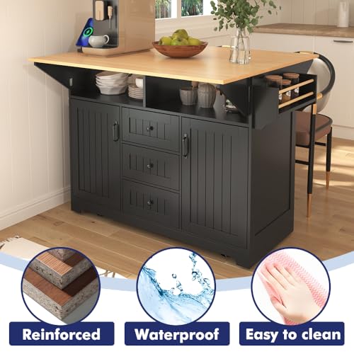 Rolling Kitchen Island with 2 Drop Leaf and Power Outlet, Island Table on Wheels with Towel Rack and Spice Rack, Kitchen Cart with Storage Cabinet and Drawers (White)