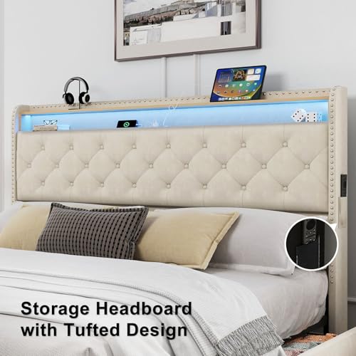 King Size Bed Frame with LED lights & USB Charging Station, Velvet Upholstered Platform Bed with Storage Headboard and 4 Drawers, No Box Spring Needed, Easy Assembly, Beige