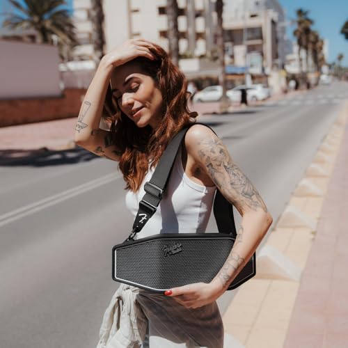 Fender x Teufel ROCKSTER CROSS Portable Wireless Bluetooth Speaker – Rugged, Waterproof, 16 Hours of Battery, Powerful Stereo Sound, Subwoofer, Built-in Power Bank, Fender Guitar Strap (Black & Steel)