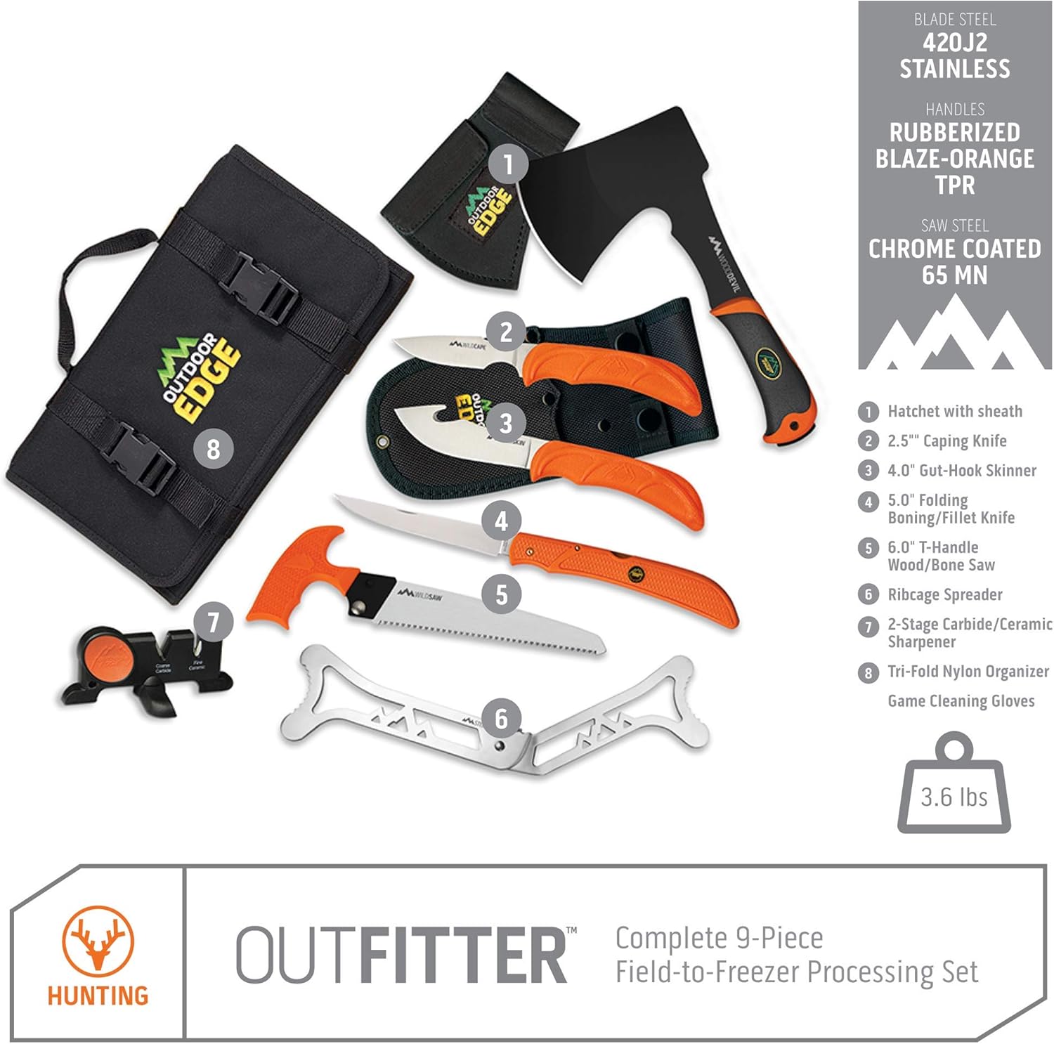 Outdoor Edge Outfitter, 9-Piece Field to Freezer Hunting & Game Processing Knife Set with Caping Knife, Gut-Hook Skinner, Boning/Fillet Knife, Sharpener, Axe, Wood/Bone Saw, Spreader, Gloves