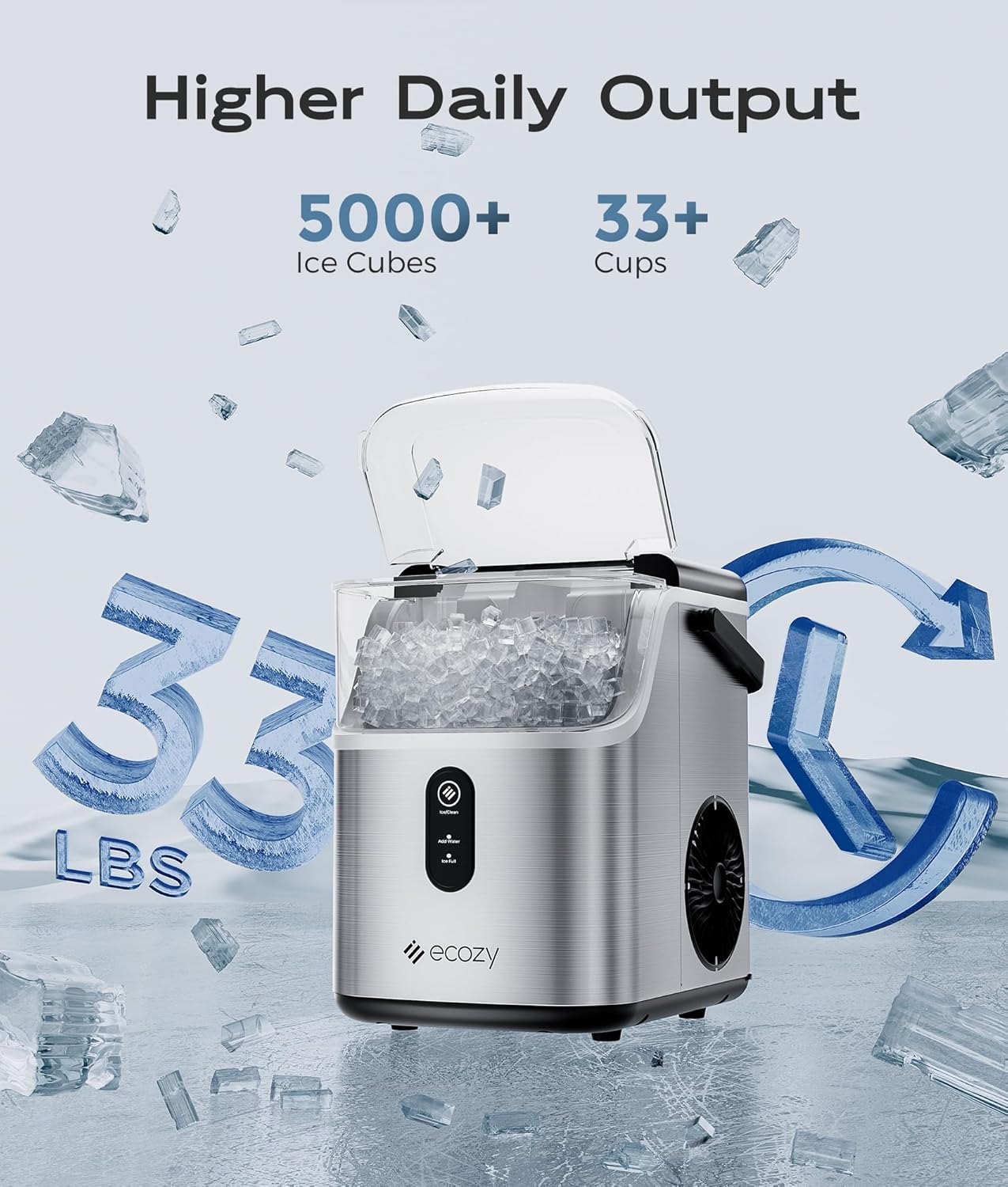 ecozy Nugget Ice Maker Countertop, Ice Maker with 33 lbs/24H, Crushed Pellet Ice Cubes, One-Click Operation Ice Machine with Self-Cleaning, for Party/Kitchen/Bar/Office, Stainless Steel