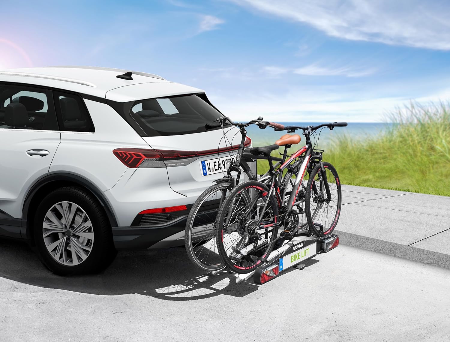 EUFAB 11554 Bicycle Carrier Bike Lift, Suitable for E-Bike, Fully Pre-Assembled, Electric Lower, Theft Protection, for 2 Bikes, for Towing Hitch, 2025 with Strap Frame Holders