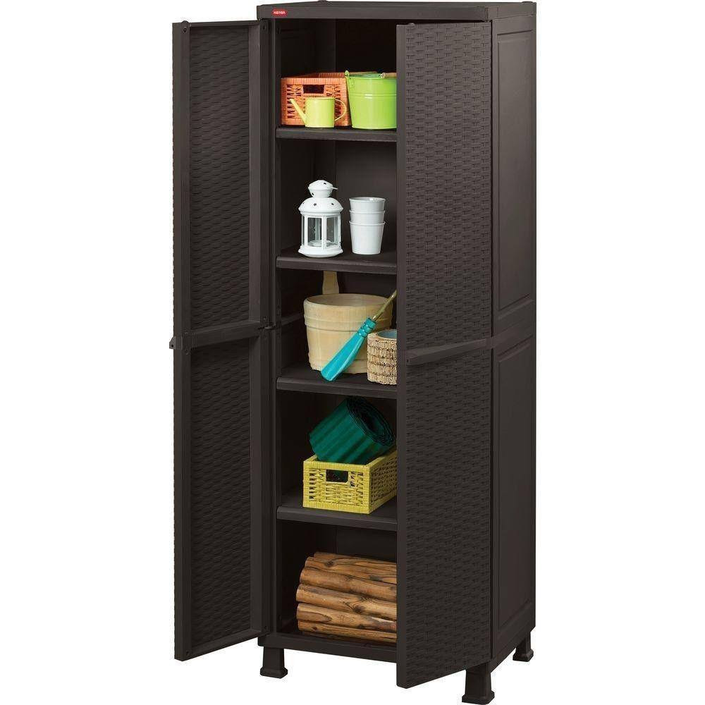 Keter Tall Resin Plastic Rattan Storage Cabinet, Brown