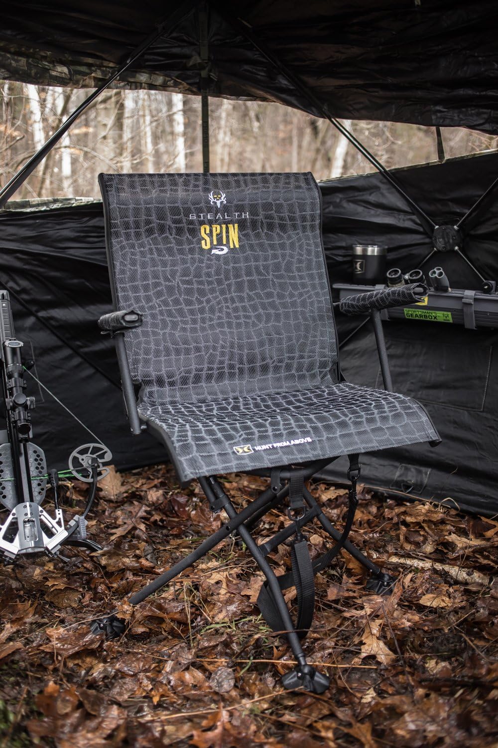 Hawk Stealth Spin Chair - Silent, Comfortable, Swiveling, Portable Chair for Camping, Hunting, Fishing, Backpacking, and More (Bone Collector Edition) , Black