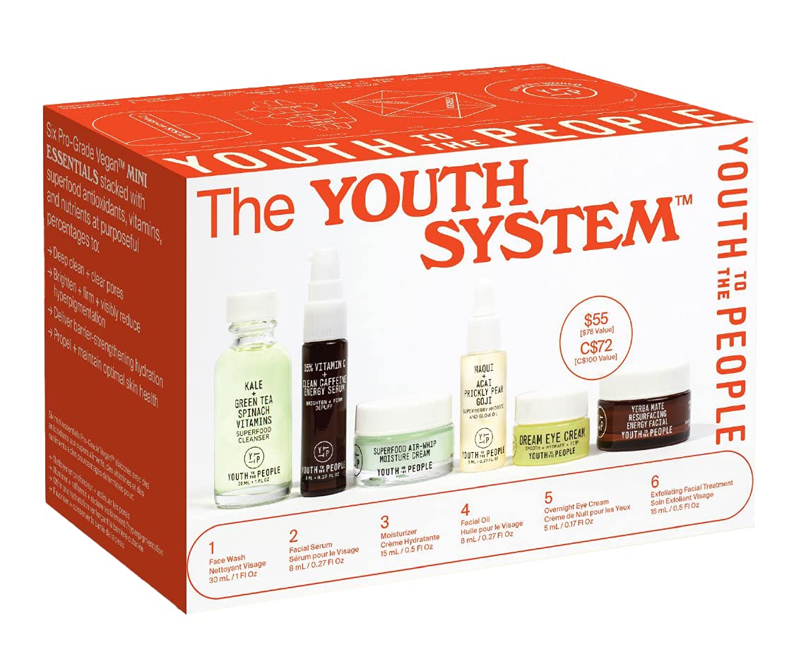 Youth To The People The Youth System - 6 Piece Set with Superfood Cleanser, Face Oil, Moisturizer, Vitamin C Serum, Eye Cream, Energy Facial - Vegan, Clean Skincare Kit Pack of 2