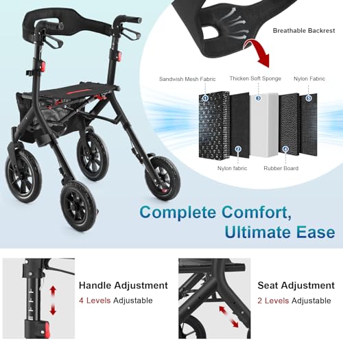 Rollator Walker with Seat, Tall Walkers for Seniors, 12" Big Rubber Wheels All Terrain Rollator Walker with Backrest, Built-in Cable, Foldable and Dual Adjustable Height for 5.3-7ft, Red