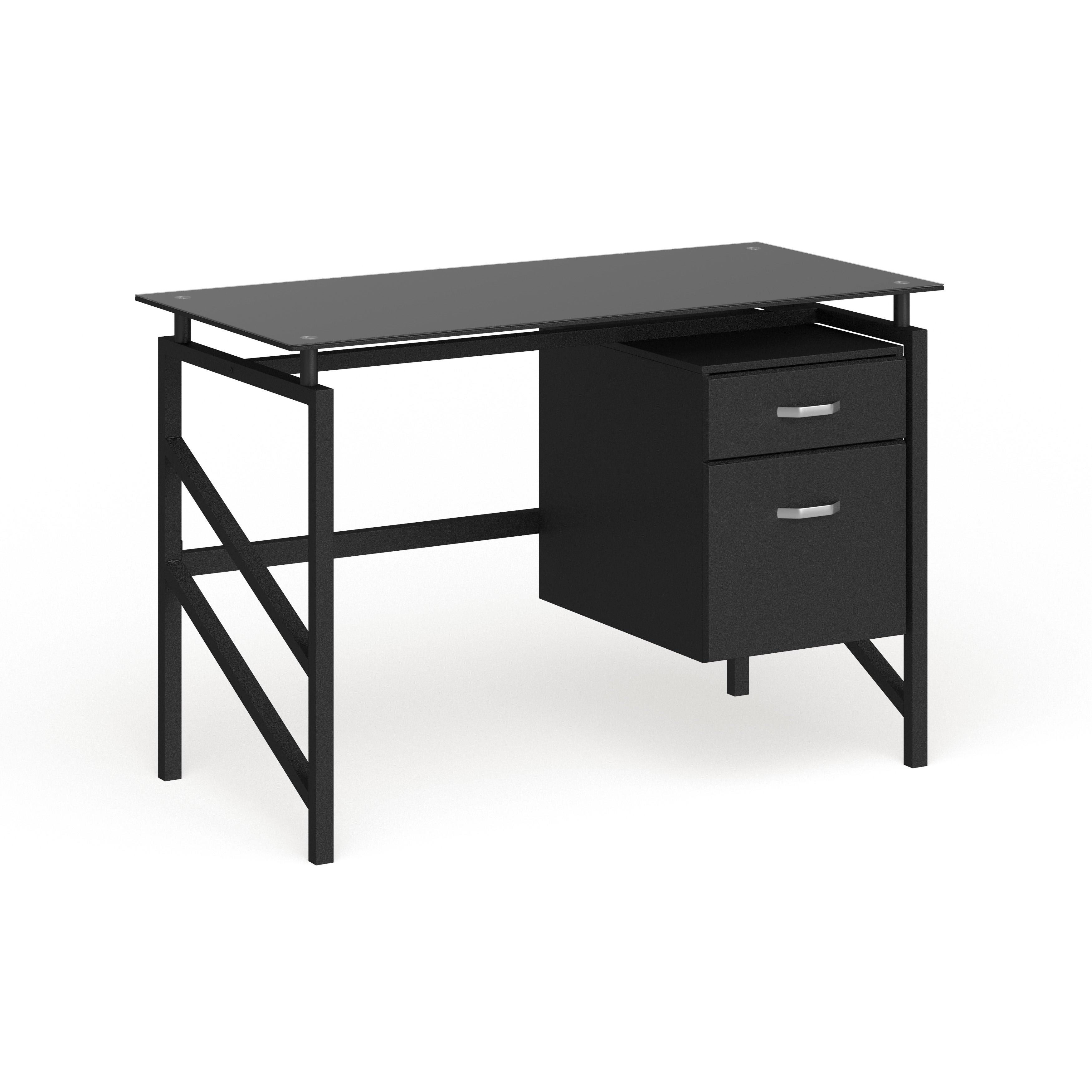 Lancaster Home Two Drawer Pedestal Desk with Tempered Glass Top and Metal Frame, Size: Medium, Black