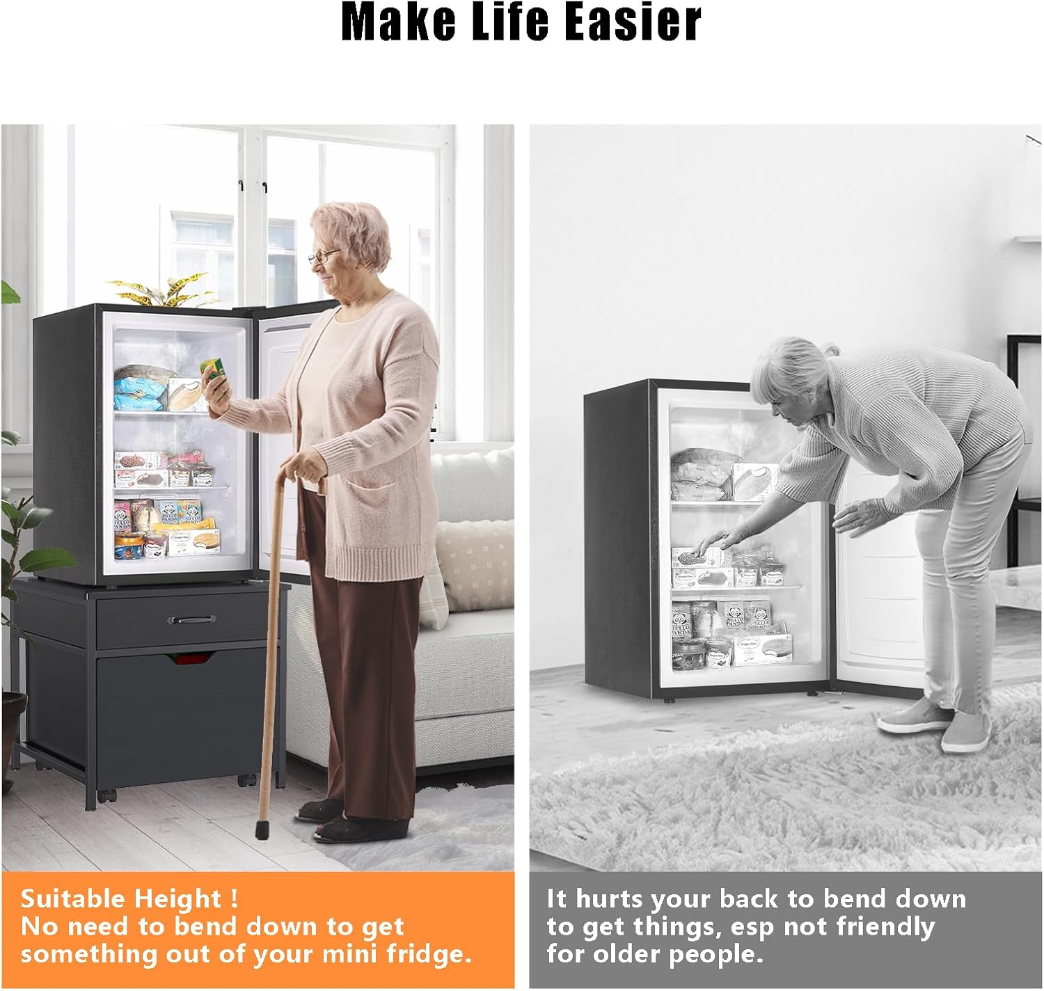 GDLF Mini Fridge Stand with Storage, Heavy Duty Mini Fridge Table with Rolling Cabinet 220LBS Capacity Tabletop for Dorm, Apartment,Office, Bedroom