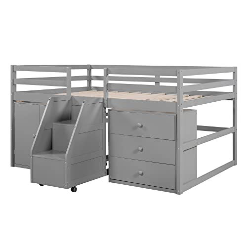Full Size Low Loft Bed with Retractable Writing Desk, Storage Bed with 4 Drawers and Shelves, Wooden Loft Bed with Lateral Portable Desk for Kids Teens Adults Bedroom (White-Full)