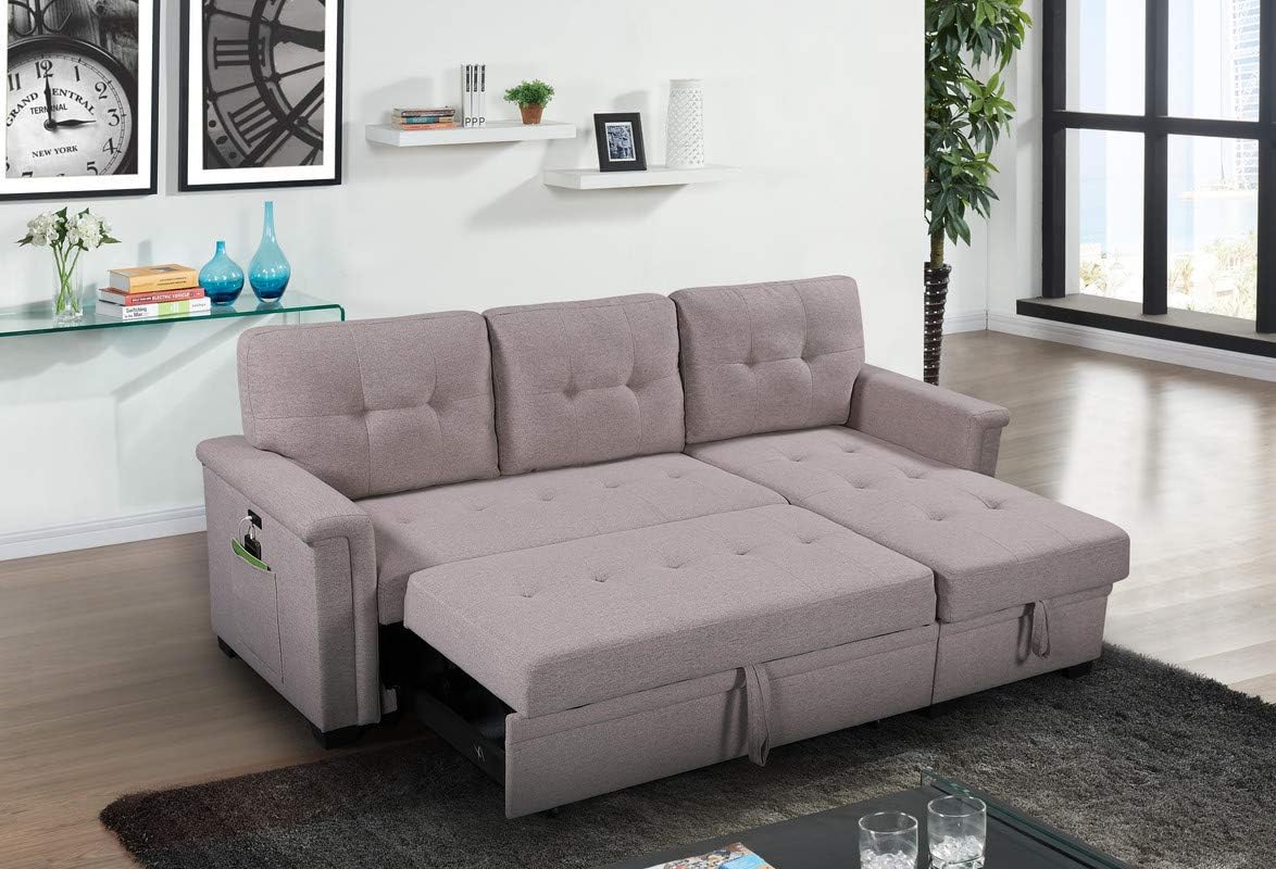 Sectional Sleeper Sofa with Storage Chaise and Pull Out Bed, Linen Tufted Upholstered Convertible Corner Couch for Living Room, Home Furniture, Apartment, 84", Light Gray-1