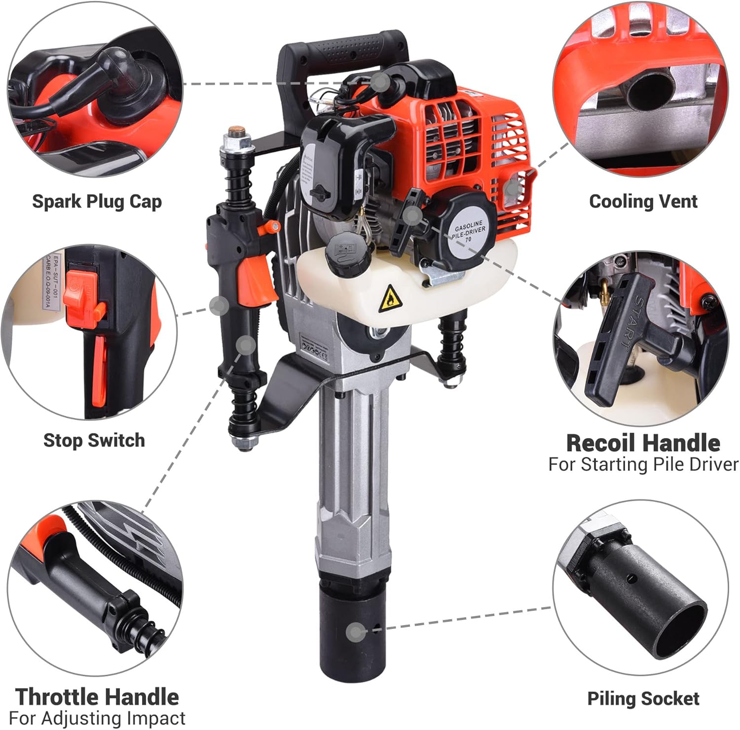 Yescom 1300W 2 Stroke Jack Hammer T Post Driver 51.7CC Gas Powered Portable Fence Pile Concrete Breaker