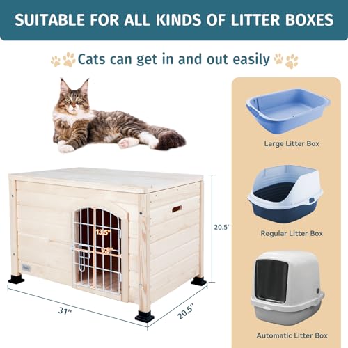 Petsfit Large Dog House with Terrace & Openable Asphalt Roof, 45" L x 54" W x33 H, XL Dog House Outdoor with Elevated Floor, Window & Door Flap, Outdoor Dog House for Large Dogs