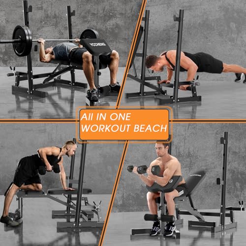 Muti-functional Adjustable Weight Bench/Workout Bench with Barbell Rack Set for Home Gym, Upright Incline Flat Exercise Benches with Preacher Pad
