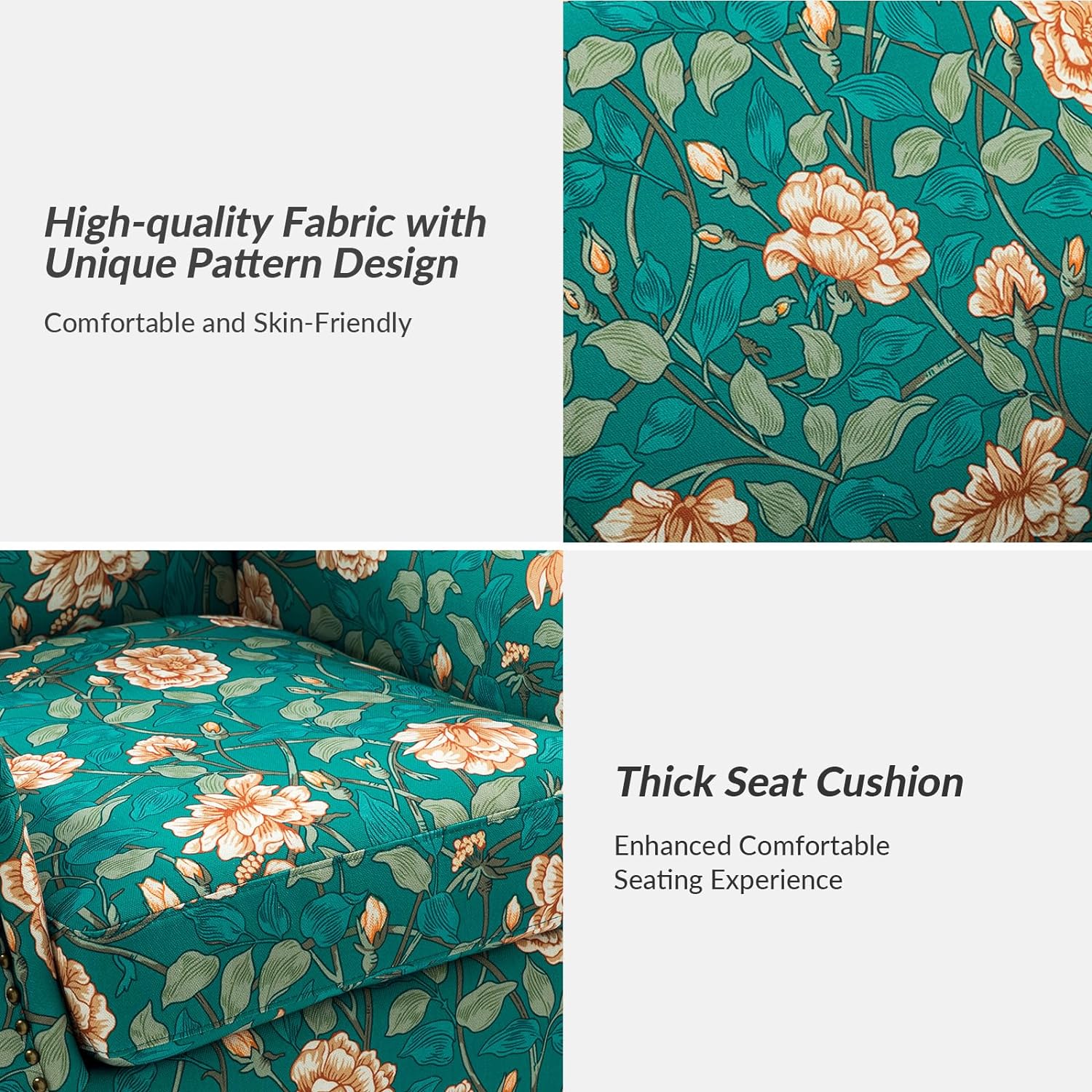 Modern Accent Chair With Wood Legs & Removable Cushion, Comfy Upholstered Armchair Nailhead Trim, Floral Design Single Sofa Cozy Club Chair For Reading Office Living Room Bedroom, Teal