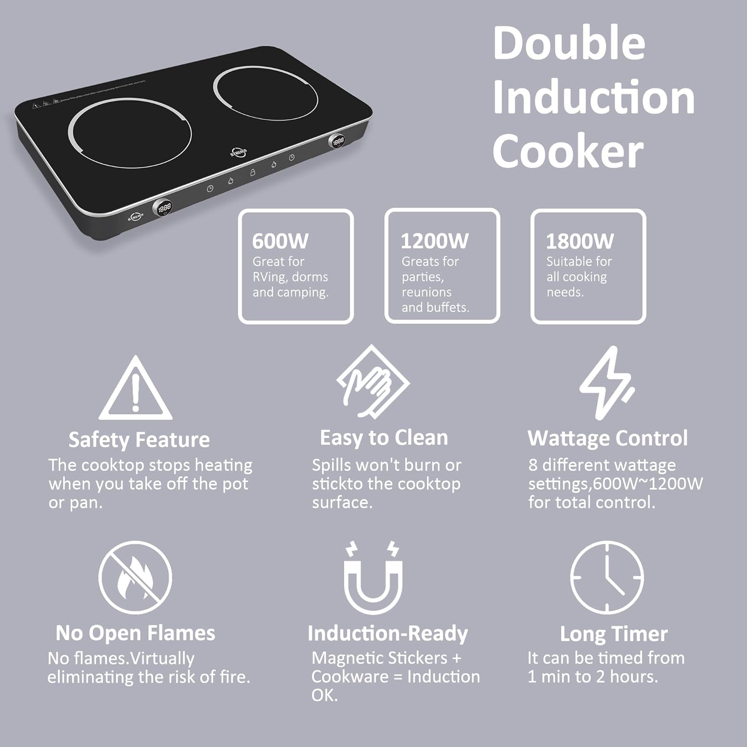 Double Induction Cooktop, 1800W Sensor Touch Electric Cooker Hot Plate, 6.7" Heating Coil,8 Power 8 Temperature Setting Countertop Burner with Timer-Proof Ceramic Glass Surface