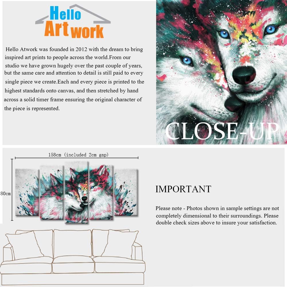 iHAPPYWALL Large 5 Pieces Wolf Canvas Wall Art Black and White Wolves Couple Abstract Animal Picture Painting on Canvas for Modern Home Living Room Decor Stretched and Framed Ready to Hang