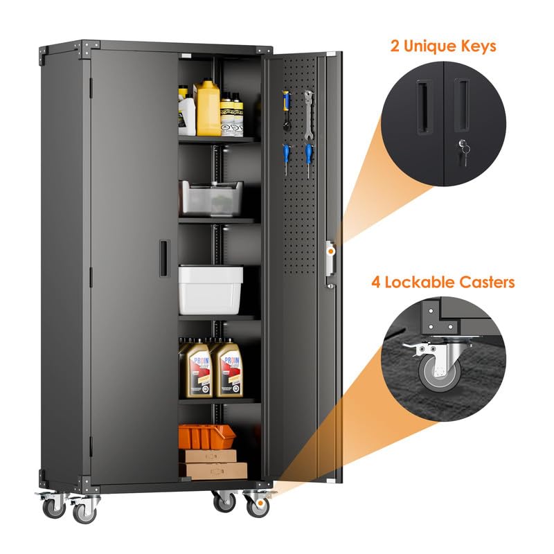 Aobabo Garage Storage Cabinet with Wheels,72" H Metal Storage Cabinet with 2 Doors and 4 Adjustable Shelves for Garage Home, Black,Required-Assembly