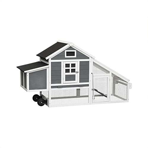 Large Wooden Chicken Coop Outdoor, 70" Chicken Hutch with Wheels, Removable Tray, Ramp, Waterproof, Rabbit Hutch, Bunny Hutch, Pet House for Small Animals(Gray)