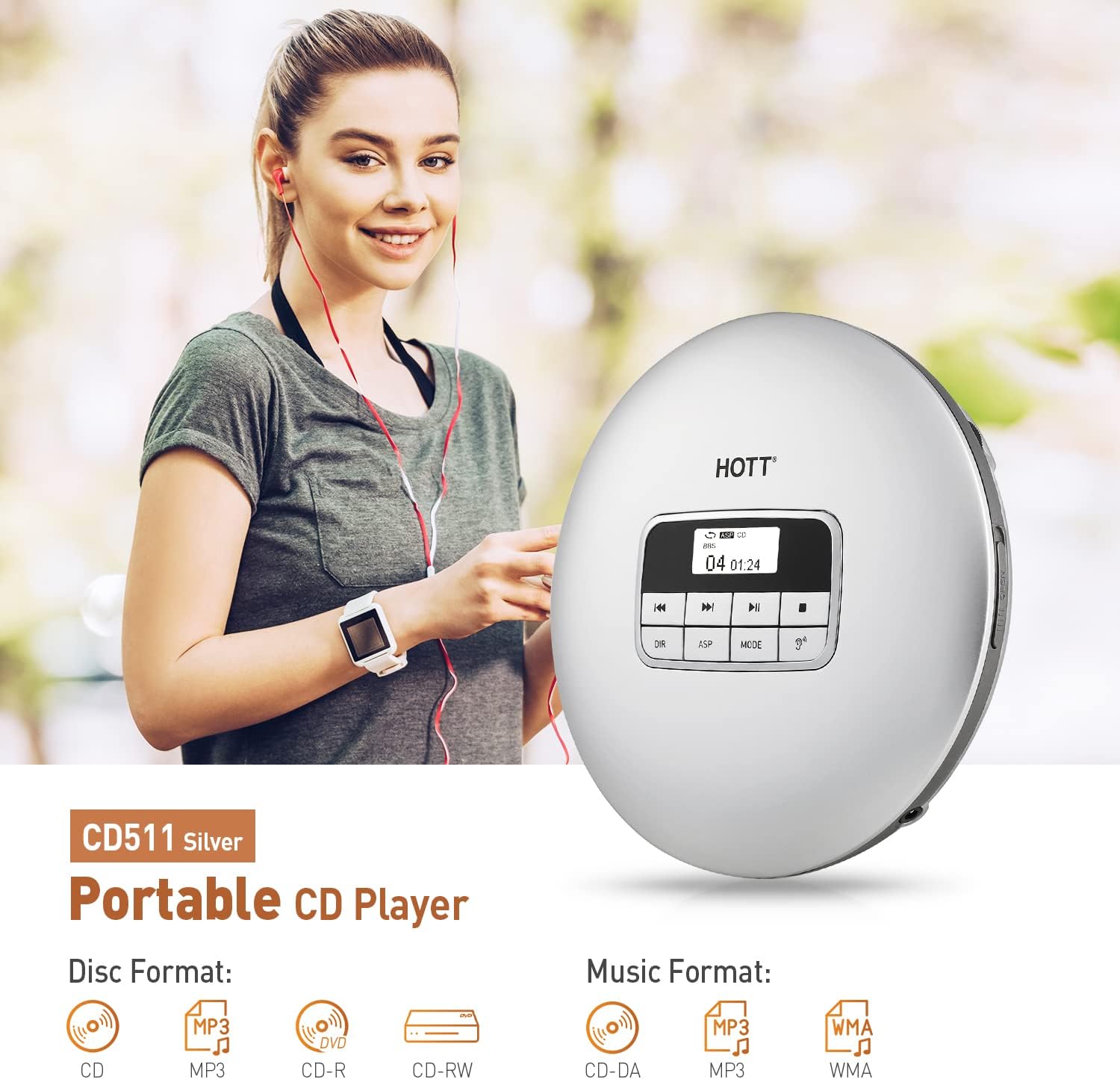 HOTT CD511 Portable CD Player，Personal Compact CD Player for Car with Anti-Skip/Shockproof Protection with Headphones and AUX Cable-Sliver