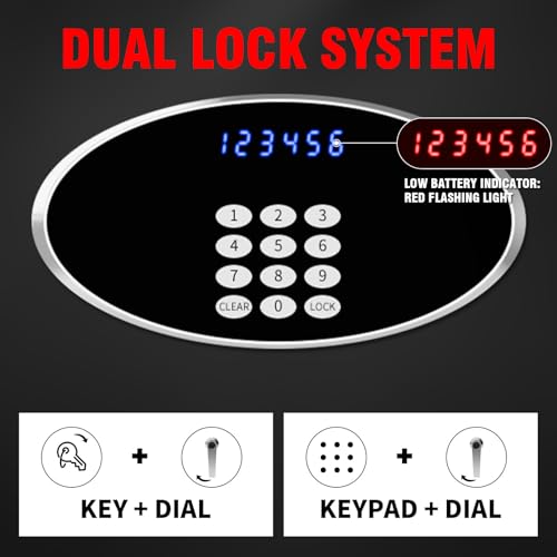 [True to Size] 6.1 Cub Large Home Safe Box Fireproof Waterproof with LCD Screen - Security Safety Box with Digital Keypad and Key Lock Removable Shelf, Sensor Light for Documents