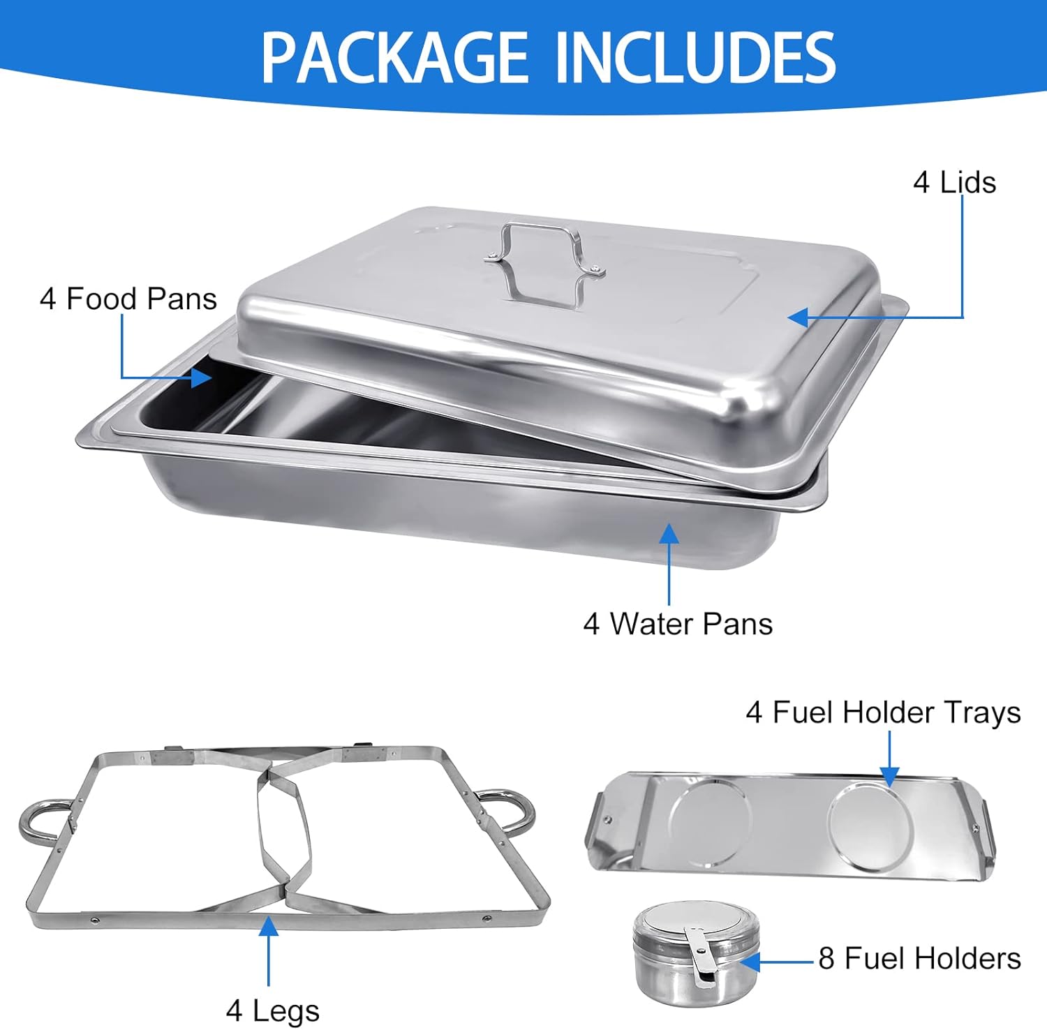 Chafing Dish Buffet Set 4 Pack 8QT Half Size Food Warmer Chafer Complete Set with Water Pan, Chafing Fuel Holder for Home Party, Buffets, Wedding, Banquet, Catering Events
