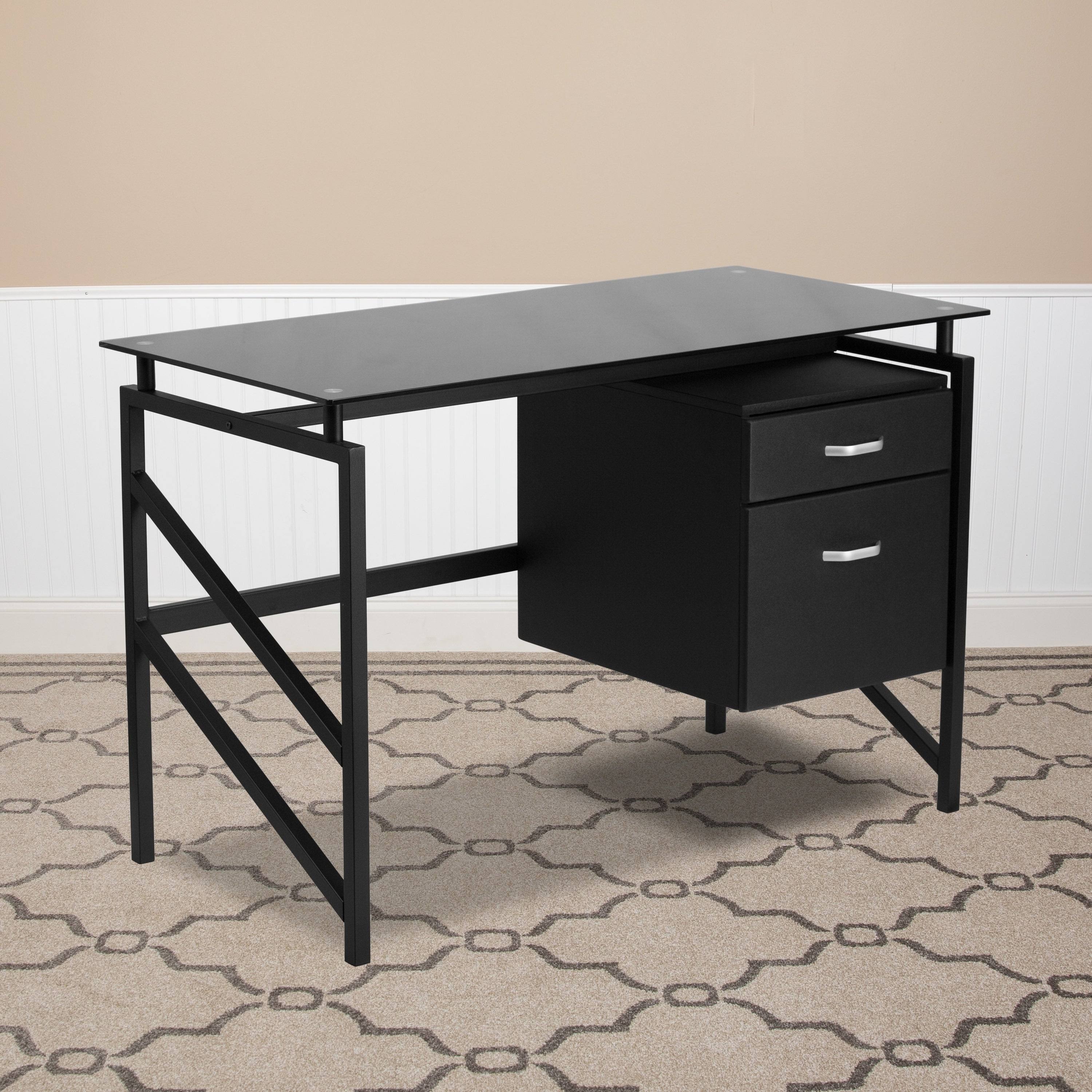 Lancaster Home Two Drawer Pedestal Desk with Tempered Glass Top and Metal Frame, Size: Medium, Black