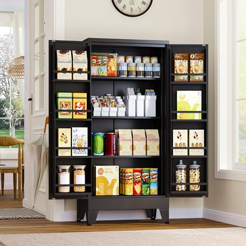 75.2" Tall Metal Pantry Cabinet, Storage Cabinets with 4 Door and 4 Adjustable Shelves, Black Kitchen Pantry Storage Cabinet, Freestanding Cupboard for Kitchen Dining Room Living Room Bathroom
