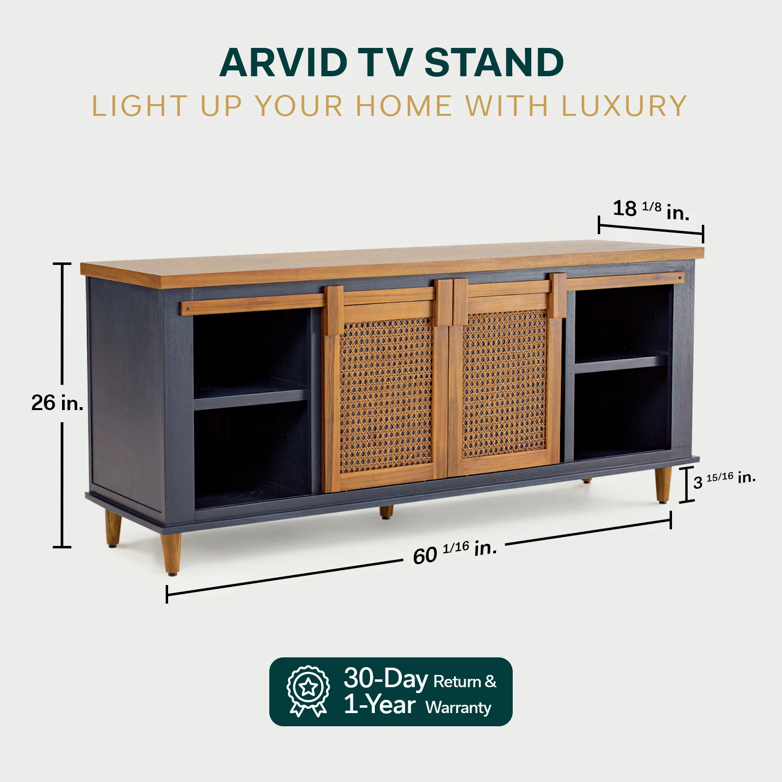 Eltis Shorista Solid Wood TV Stand 2 Sliding Rattan Doors, for TVs up to 70", Navy Blue