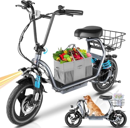 Caroma Peak 500W/800W/1200W Electric Scooter with Seat, Max 15/20/30Miles Range&20MPH, 14" Tires Foldable Adult Electric Scooter with Basket for Pets & Cargo, Dual Shock Absorbing Ebike for Commuting