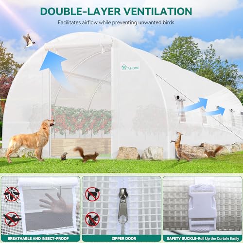 YITAHOME 44x10x7ft Greenhouse Extra Large Heavy Duty 4 Zipper Doors Outdoor Greenhouses 24 Windows Walk in Tunnel Green House Plant Gardening Upgraded Galvanized Steel Frame for Garden, White